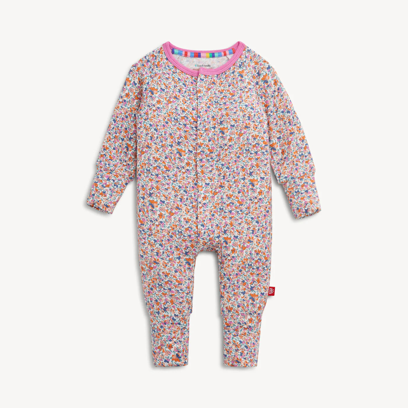Floral-patterned baby onesie with colorful trim on a white background