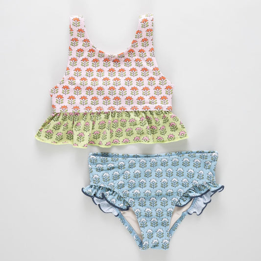 Floral-patterned two-piece swimsuit with block coloring