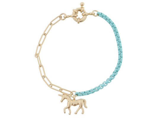 Kids Half Gold Chain, Half Mint Chain with Gold Unicorn Bracelet