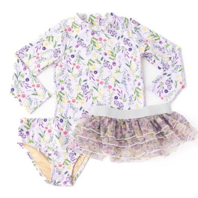 Floral Two piece rashguard swimsuit with tutu Skirt