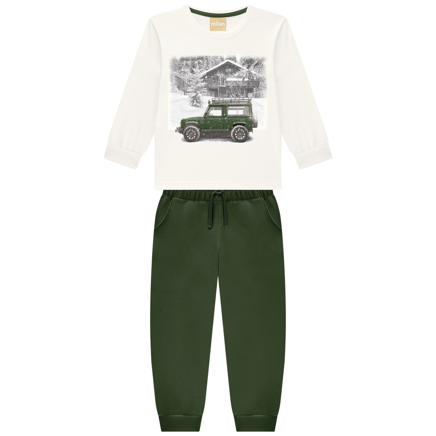 White long-sleeve shirt with graphic design and green jogger pants