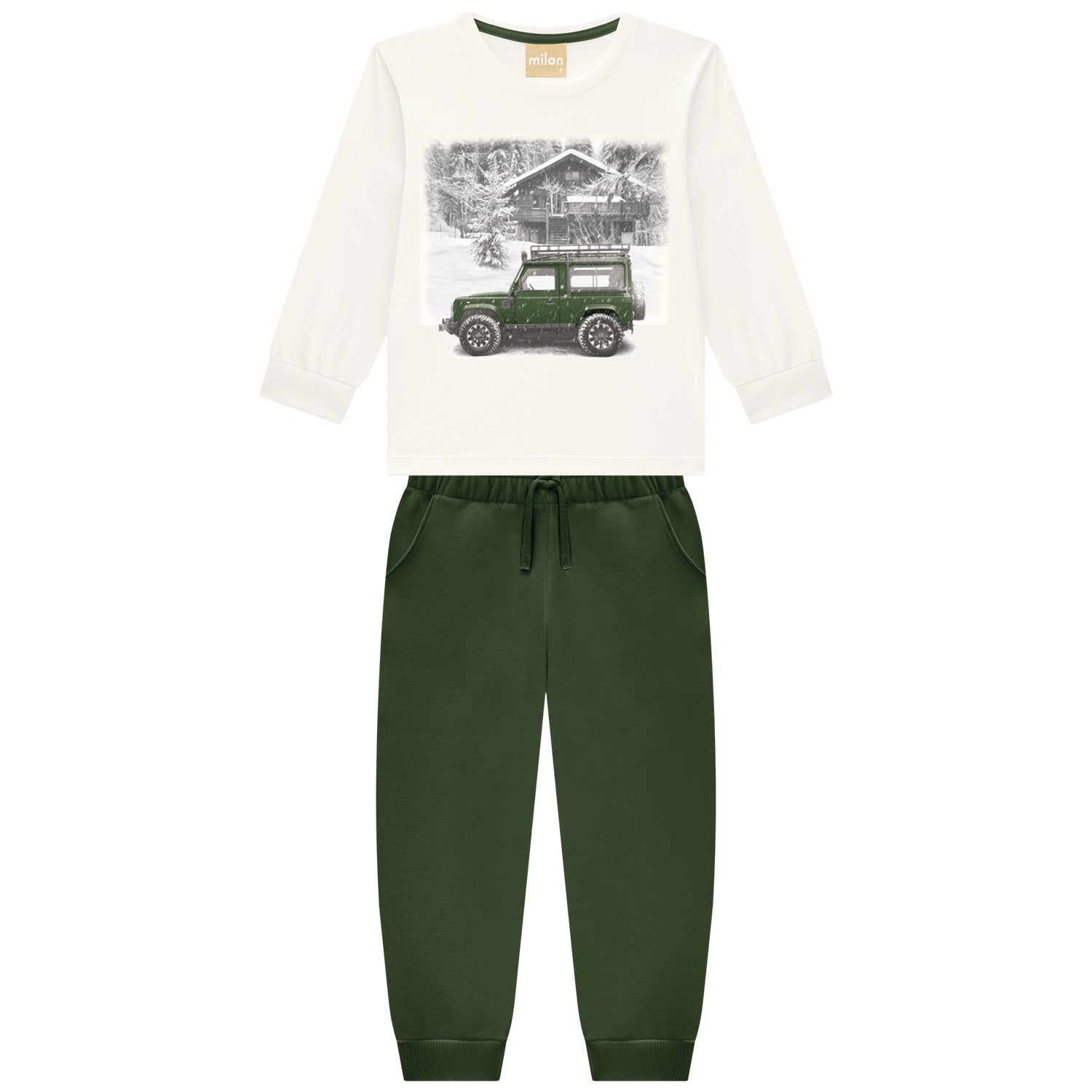White long-sleeve shirt with graphic design and green jogger pants