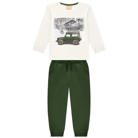 White long-sleeve shirt with graphic design and green jogger pants