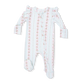 Baby onesie with a floral stripe pattern on a white background