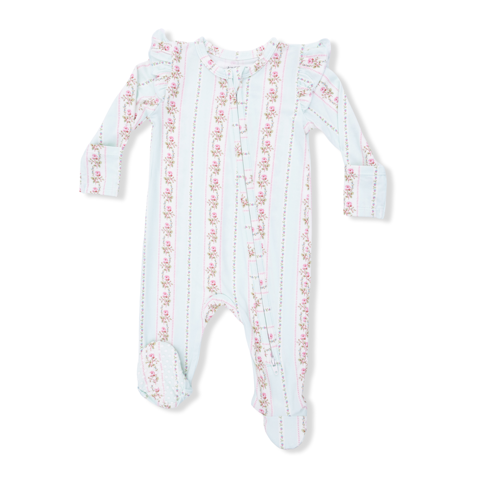 Baby onesie with a floral stripe pattern on a white background