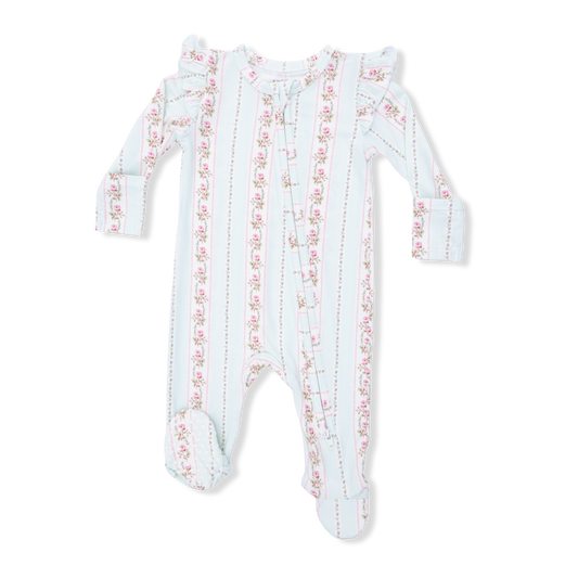 Baby onesie with a floral stripe pattern on a white background
