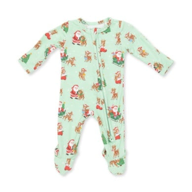 Zippered Footie // Green Vintage Reindeer & Santa
