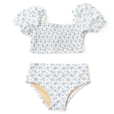 Blue Floral smocked two piece swimsuit