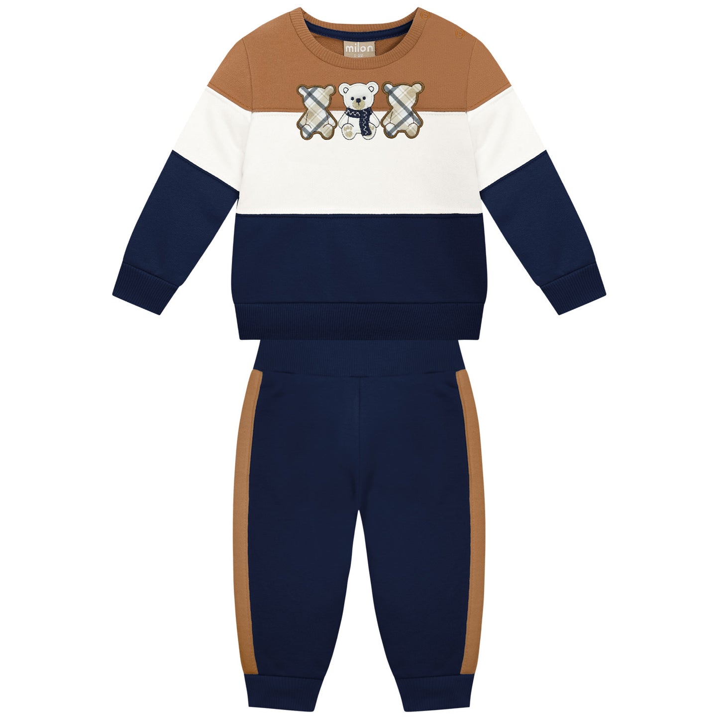 Children's two-piece outfit with brown, white, and navy design