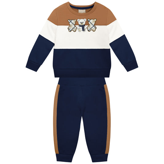 Children's two-piece outfit with brown, white, and navy design
