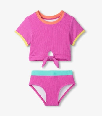 Pink two-piece swimsuit with a tie detail 