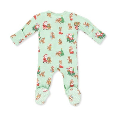 Zippered Footie // Green Vintage Reindeer & Santa