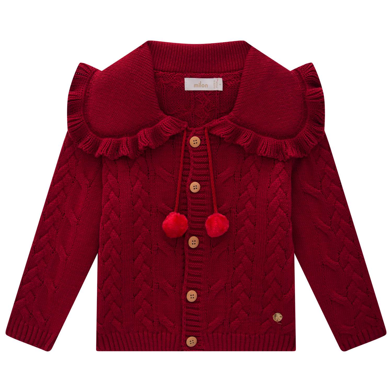 Red knitted cardigan with ruffled collar and pom-pom details 