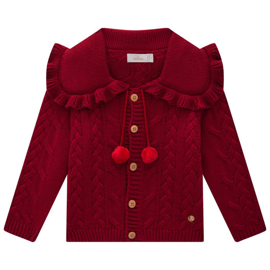 Red knitted cardigan with ruffled collar and pom-pom details 