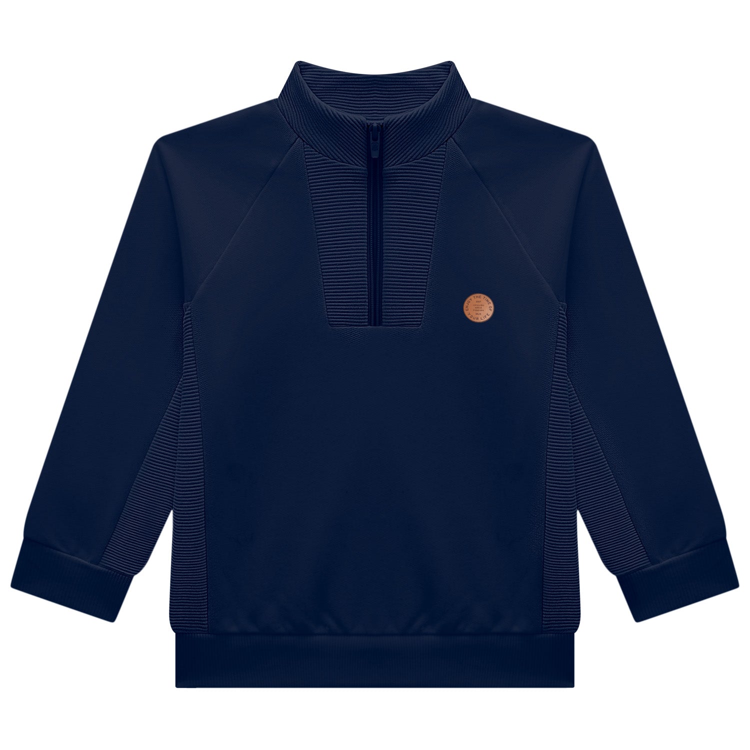 Navy blue sweatshirt with a small brown patch