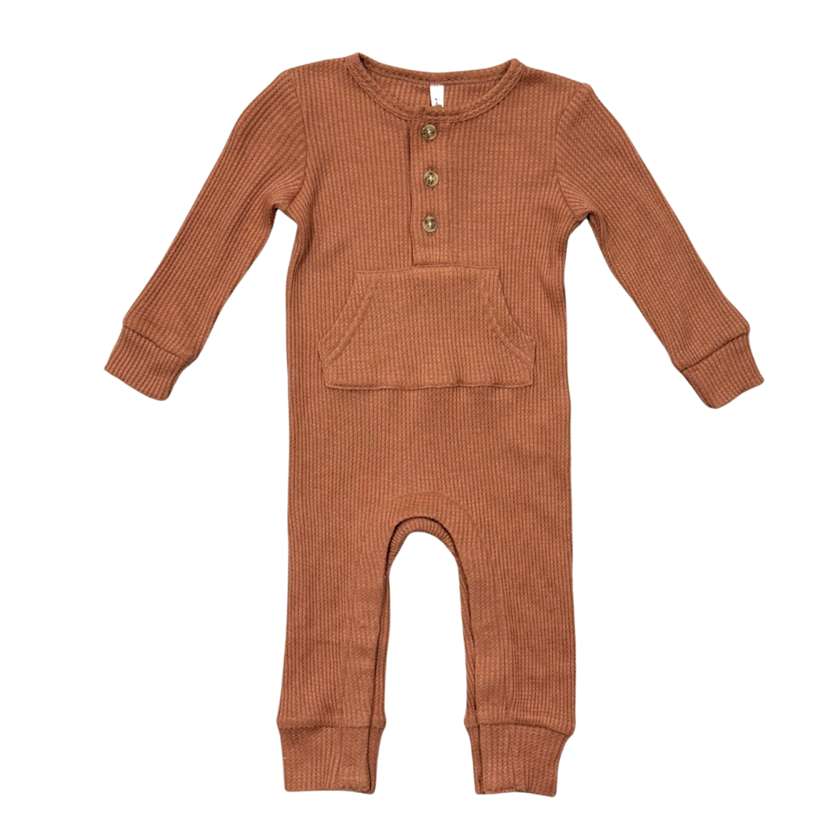 Brown ribbed baby onesie with buttons on a white background