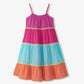 Colorful dress with pink, blue, and orange layers 