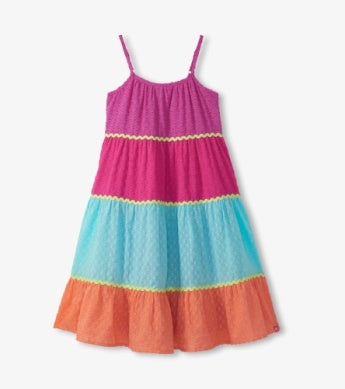Colorful dress with pink, blue, and orange layers 