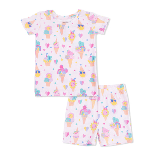 Children's pajama set with ice cream cone pattern on a white background