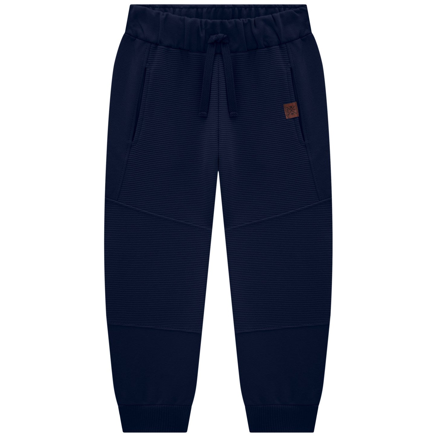 Navy blue jogger pants with a brown patch