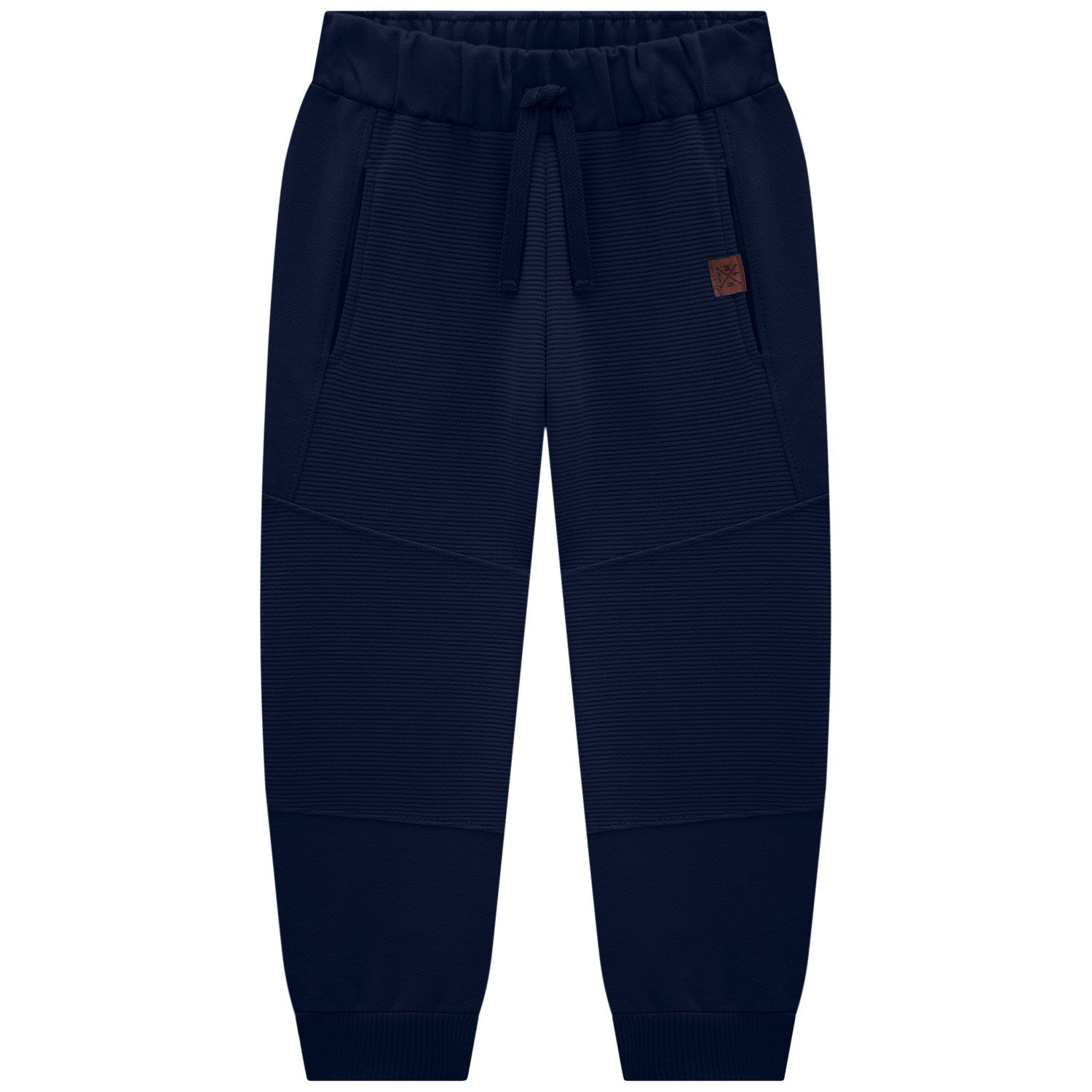 Navy blue jogger pants with a brown patch