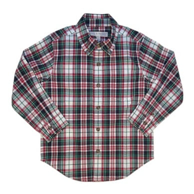 Long-sleeve plaid shirt with red, green, and white stripes over a white base, paired with blue jeans, against a solid gray background.