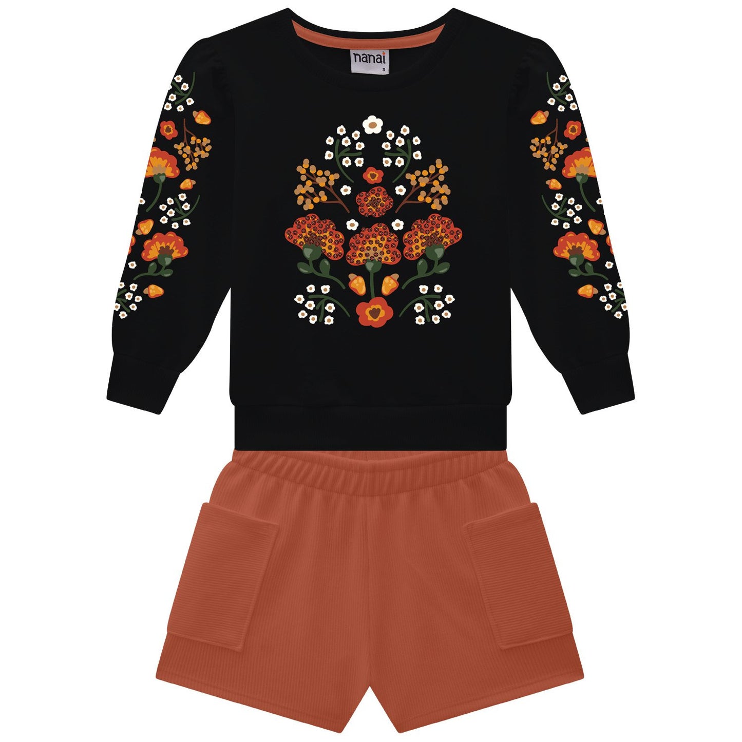 Black sweatshirt with floral patterns and orange shorts