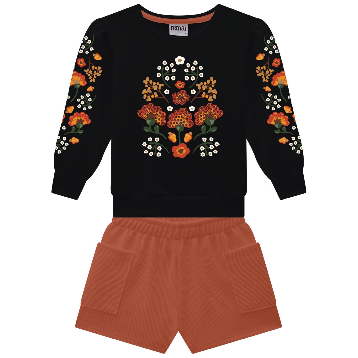 Black sweatshirt with floral patterns and orange shorts