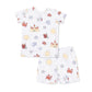 Children's pajama set with beach-themed pattern on a white background