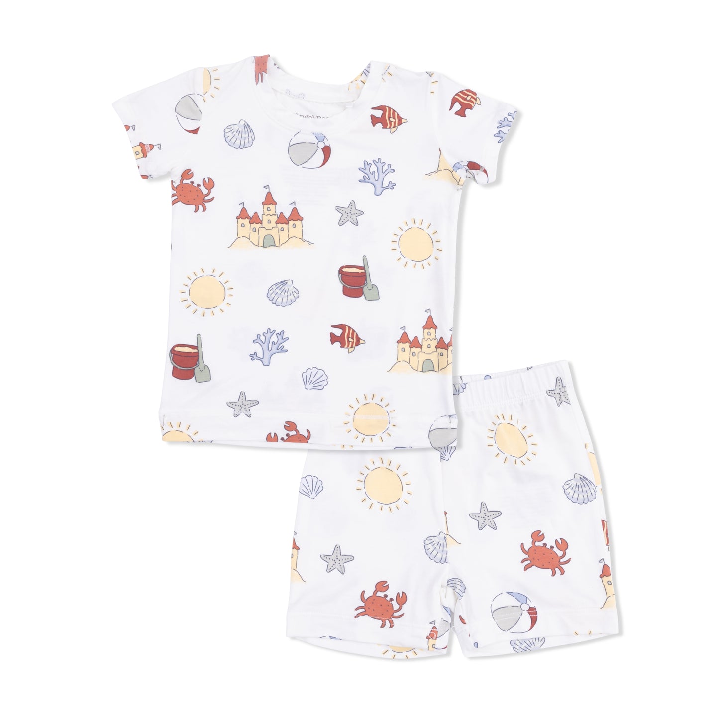 Children's pajama set with beach-themed pattern on a white background