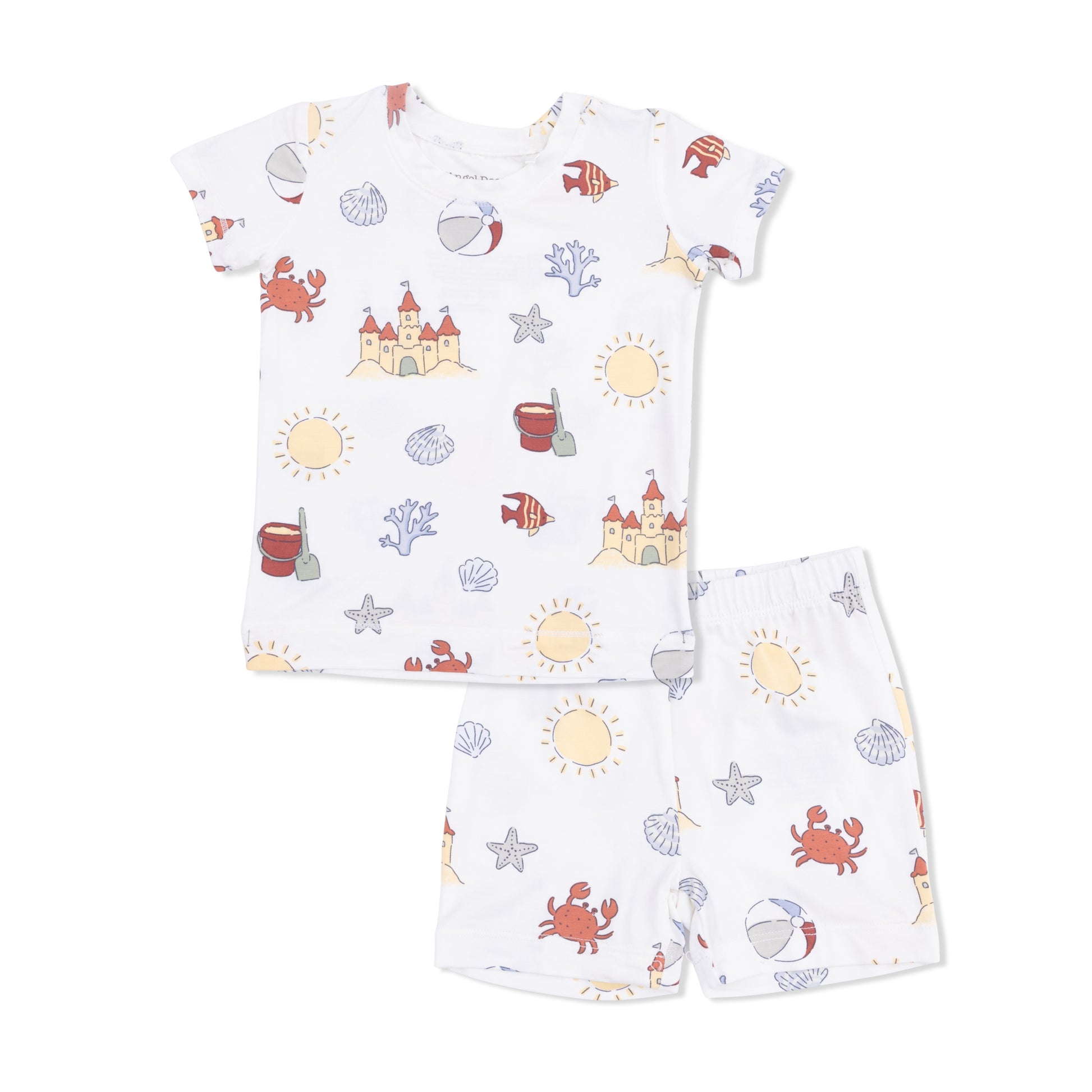 Children's pajama set with beach-themed pattern on a white background