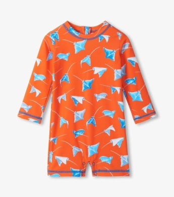 Orange swimsuit with blue stingray pattern 
