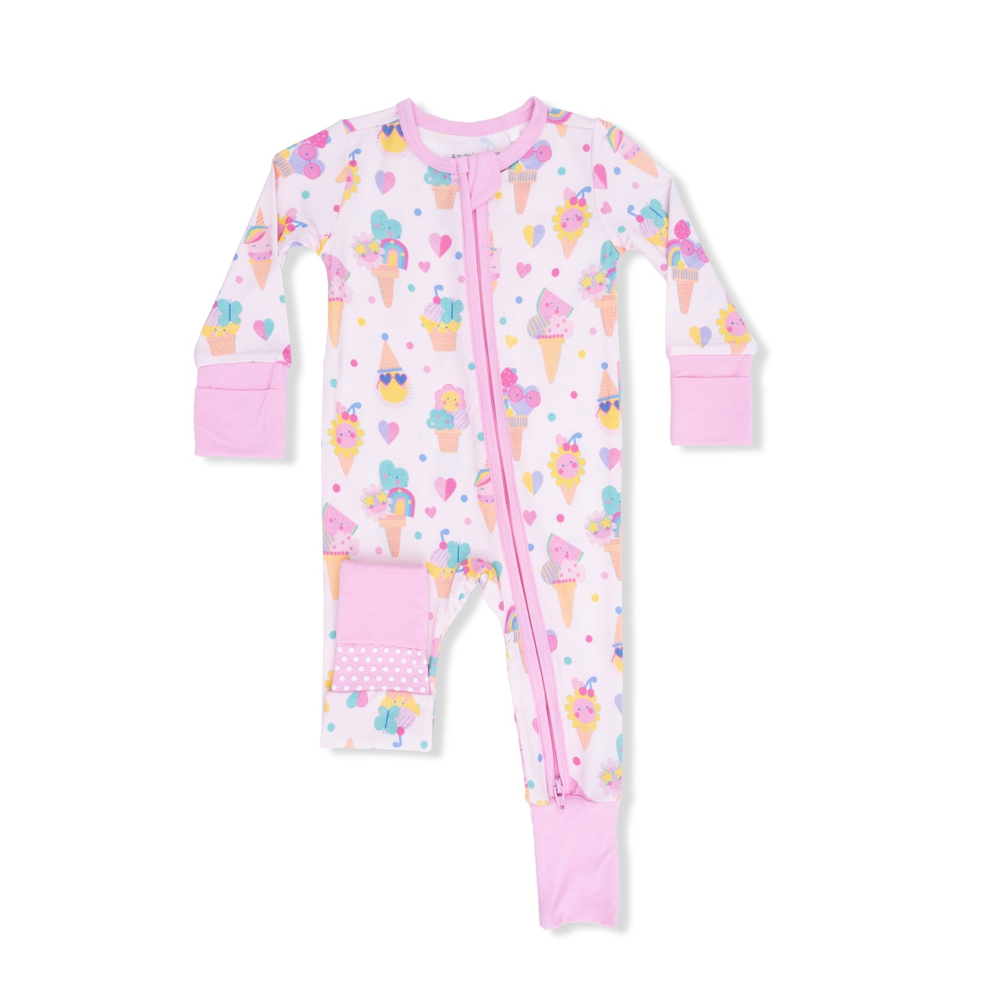 Baby onesie with ice cream cone pattern on a white background