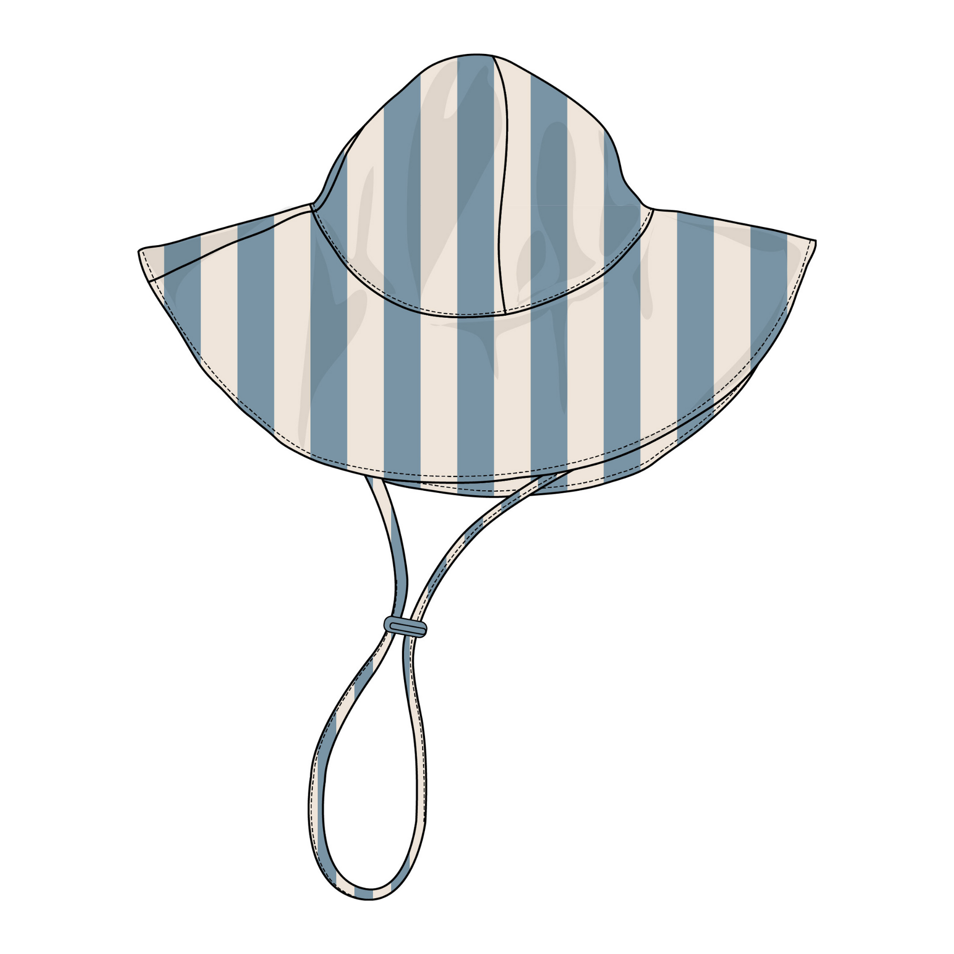 Striped sun hat with a chin strap on a white background