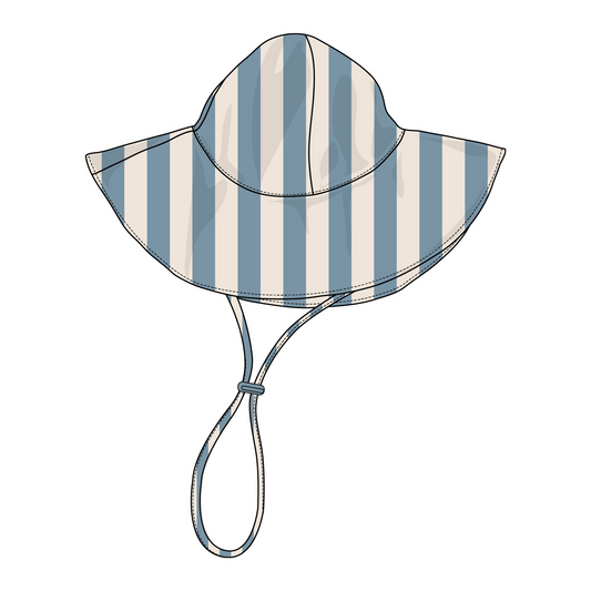 Striped sun hat with a chin strap on a white background