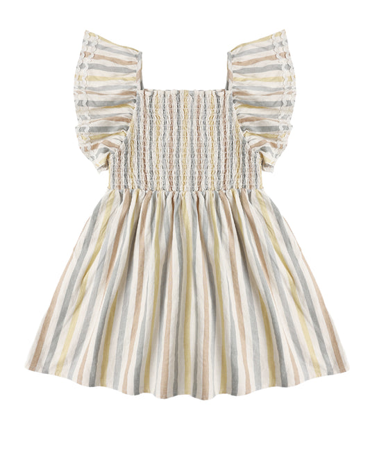 Striped dress with off-shoulder design on a white background