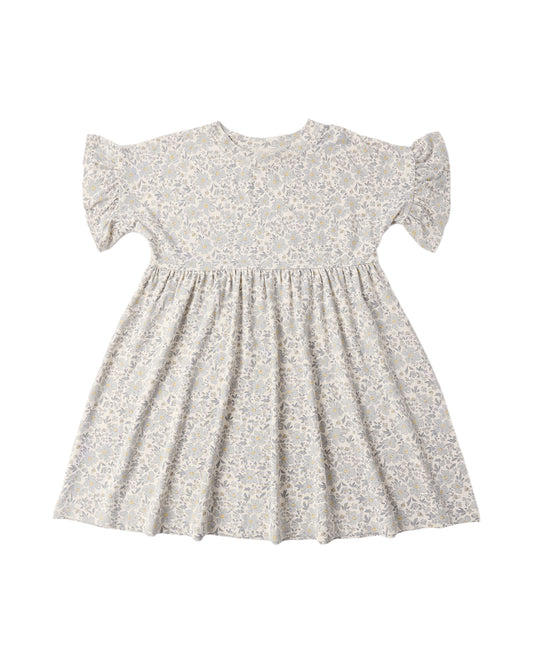 Floral dress with ruffled sleeves on a white background