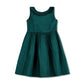 A sleeveless dark green dress with a pleated ruffled neckline and a gathered, flared skirt, shown against a plain white background.
