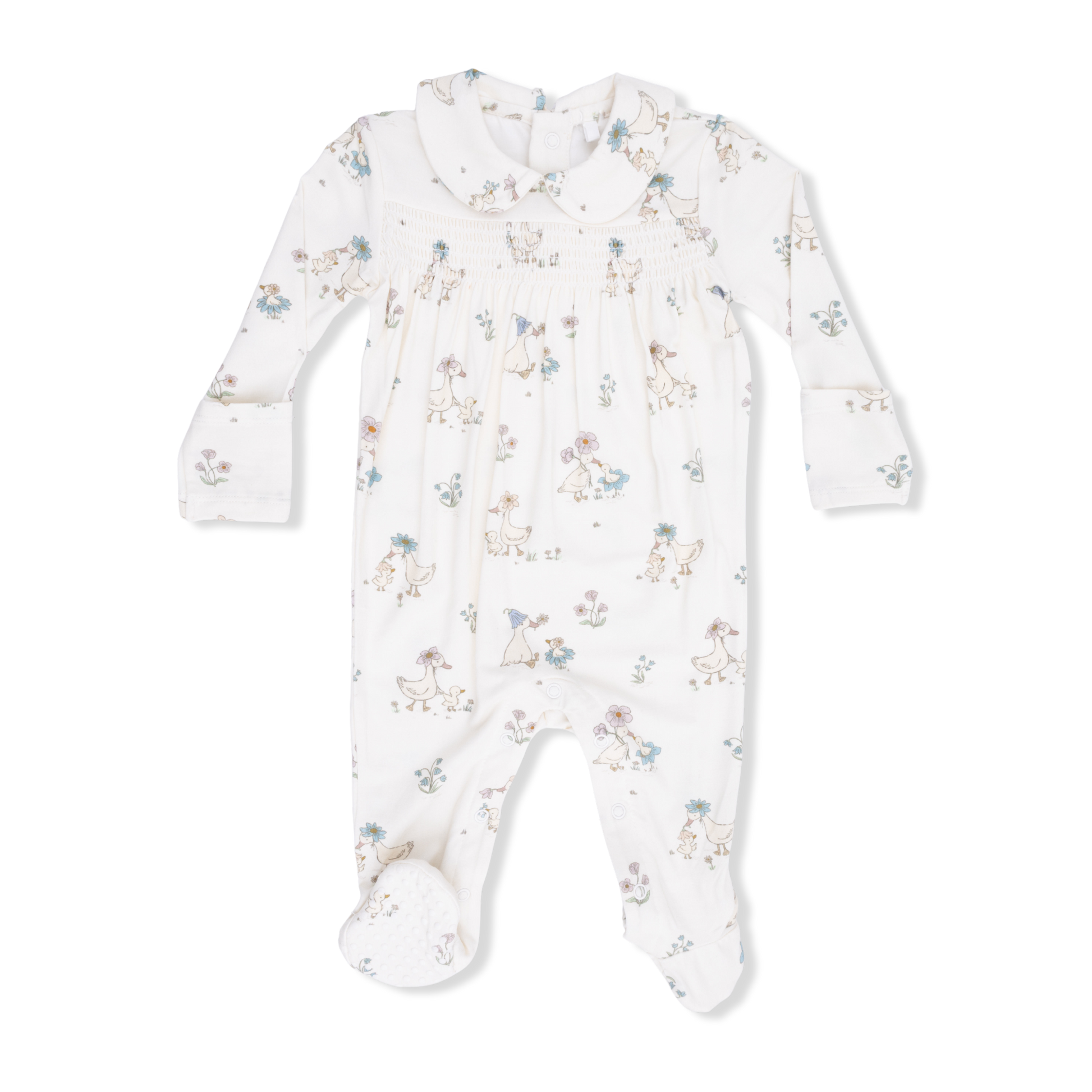 Baby onesie with floral pattern and ducks on a white background