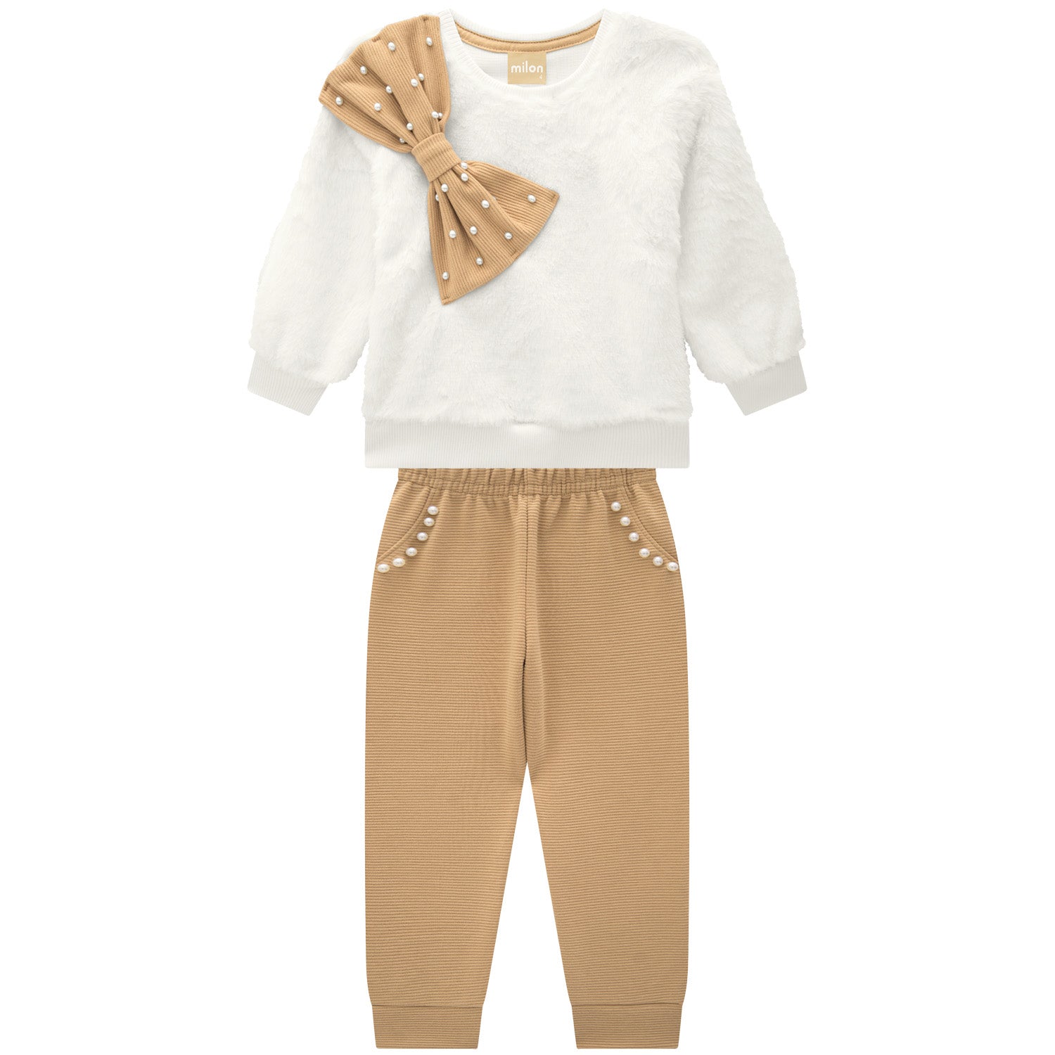 Children's outfit with white sweater and beige pants