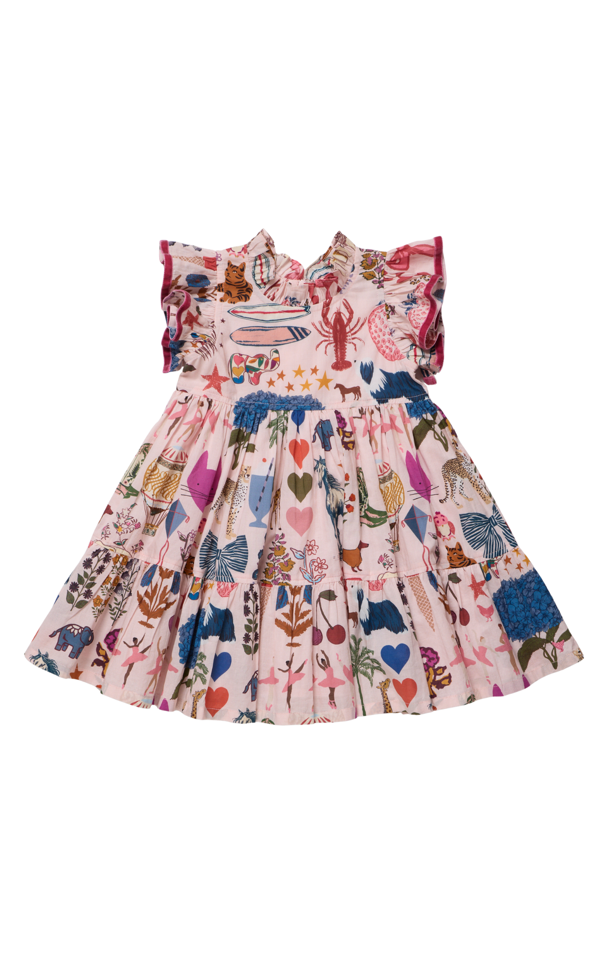 A pink tiered dress with a smocked bodice and ruffled shoulders, featuring a colorful patchwork print of sea creatures, hearts, stars, and botanical motifs, shown against a plain white background.