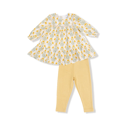 Winter Dandelions Ladder Trim Dress and Ribbed Leggings