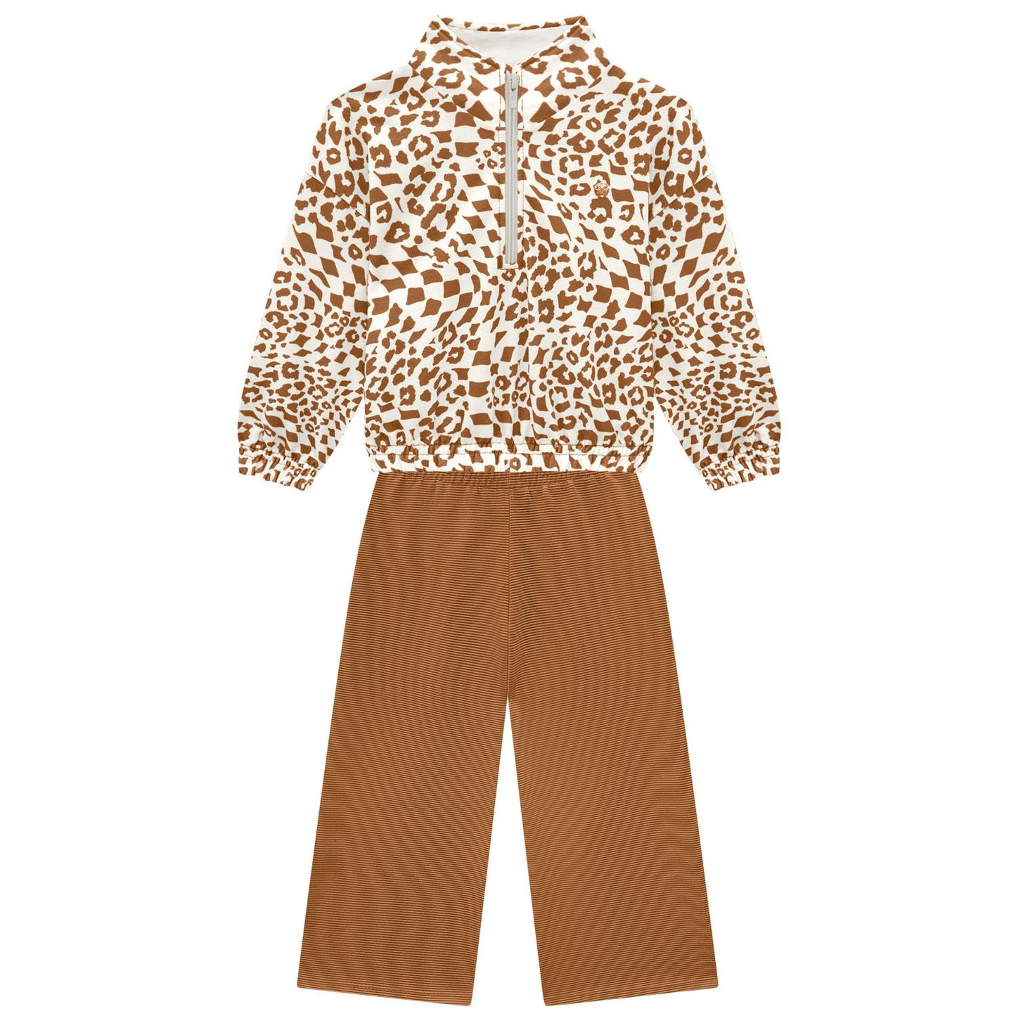 Leopard print top and brown pants set 