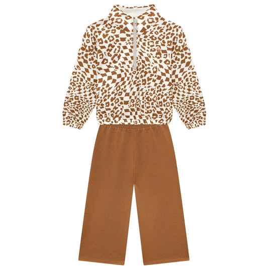 Leopard print top and brown pants set 