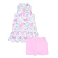 Children's outfit with a sleeveless top and pink shorts on a white background