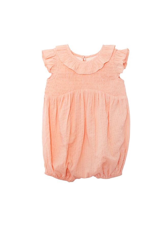 Peach-colored baby romper with ruffled collar 