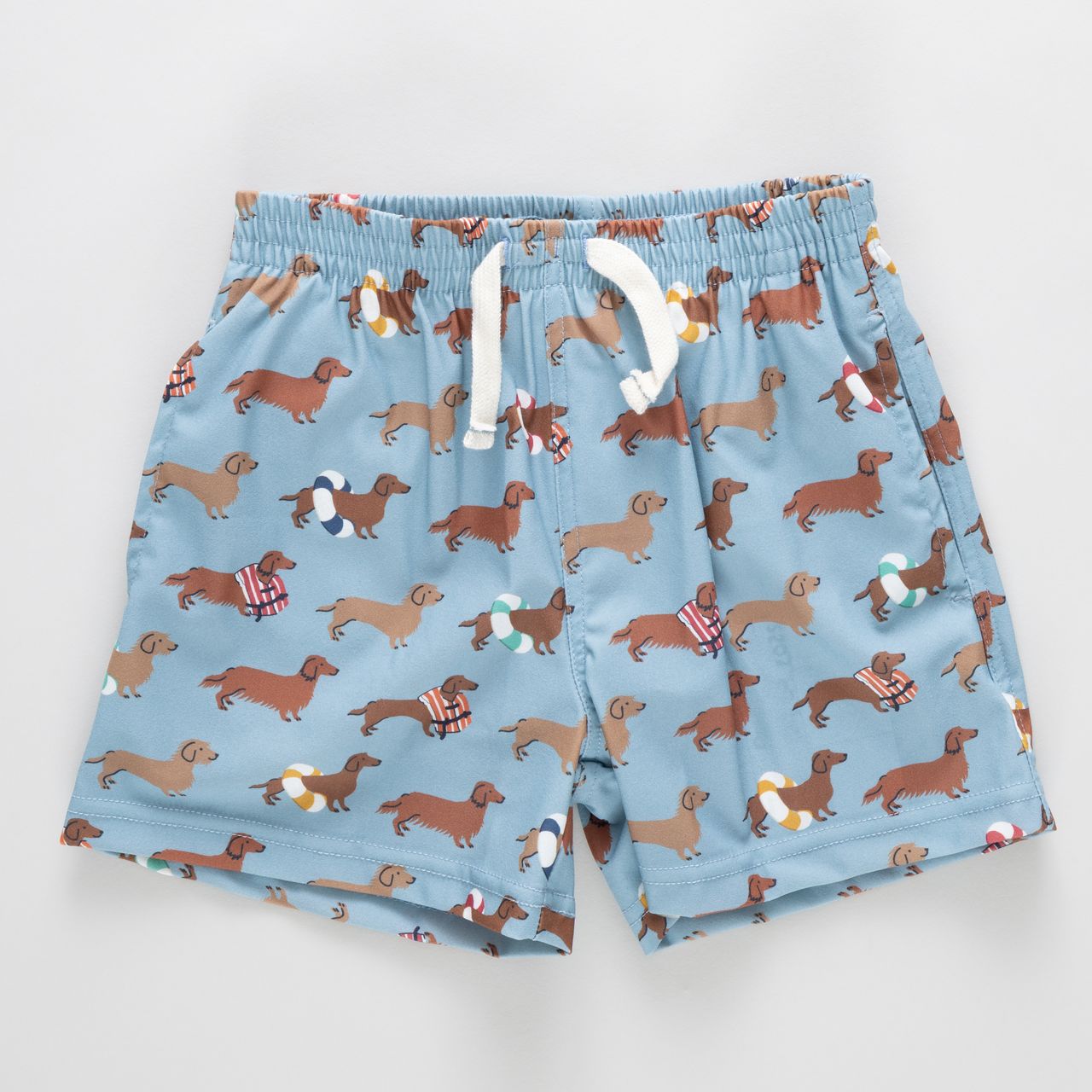 Blue swim shorts with dachshund pattern 