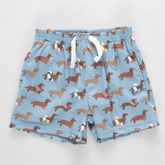 Blue swim shorts with dachshund pattern 
