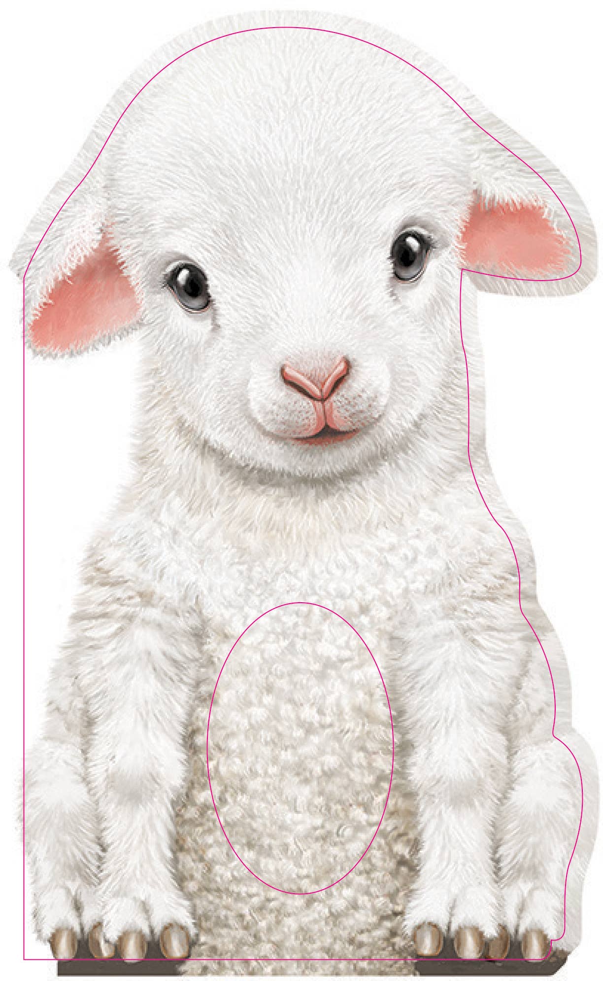 A board book cover featuring an illustration of a furry lamb with a portion of the book cut out for tactile sensory play.
